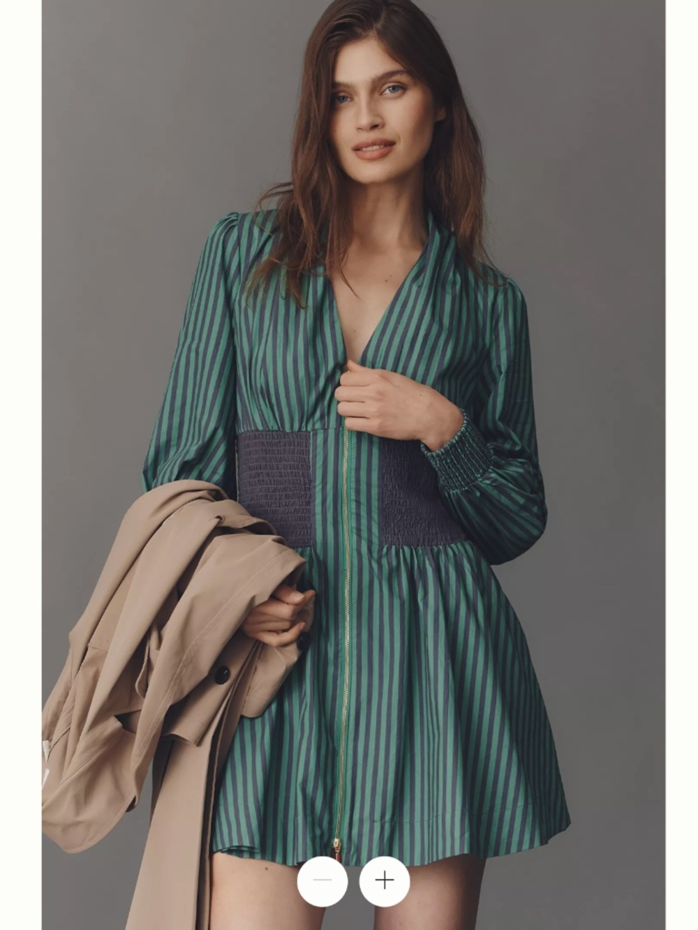 Anthropologie The Tommie Long-Sleeve Smocked Front-Zip Mini Shirt Dress- Size XL